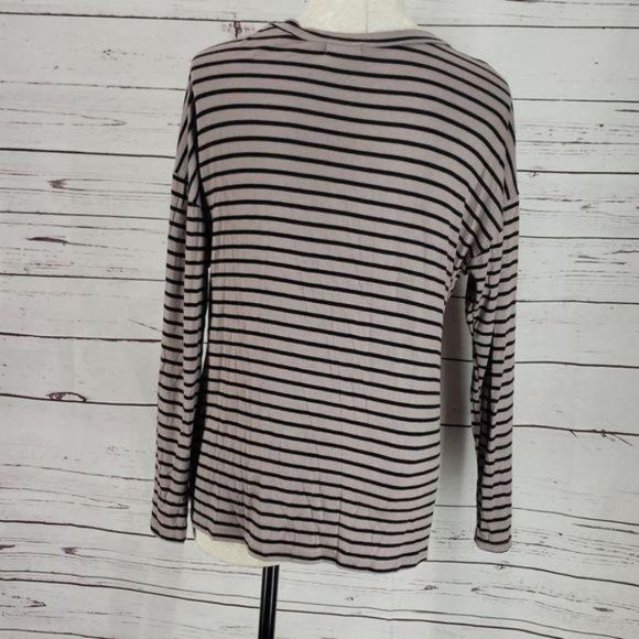 143 Story Taupe and Black‎ Stripe Long Sleeve Blouse - Picture 5 of 7